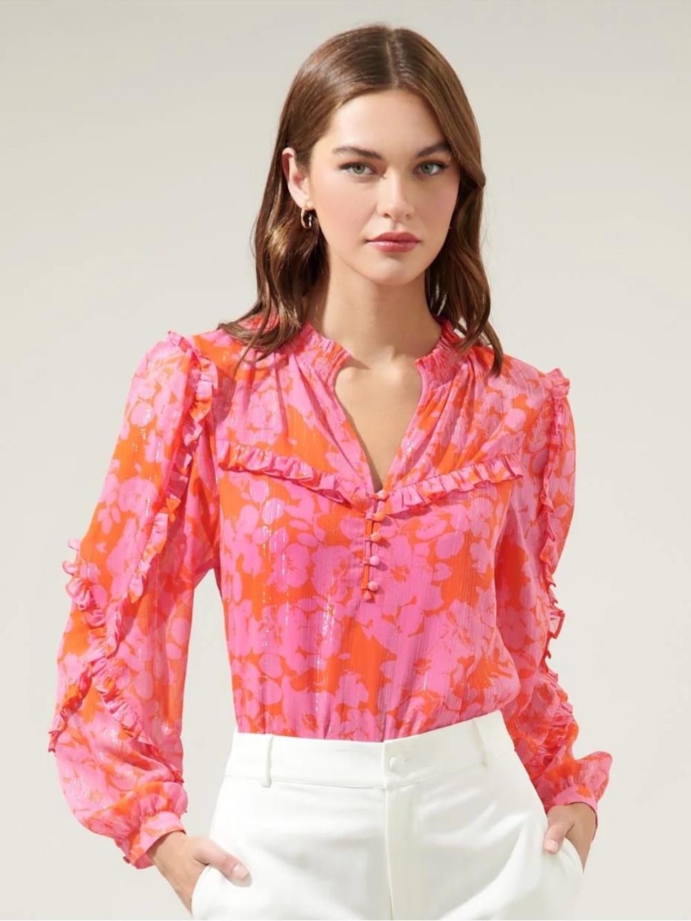 Sugarlips Pink and Orange Floral Ruffle Button-Front Blouse